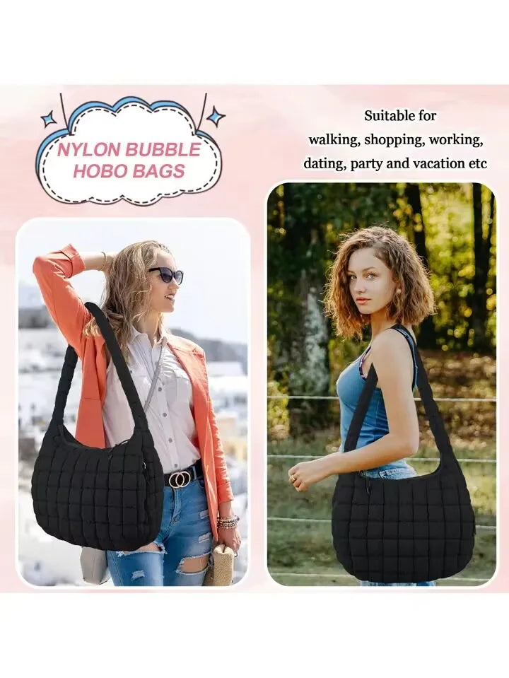 Casual Ruched Hobos Women Shoulder Bags Quilted Padded Crossbody Bag Large Capacity Nylon Puffer Tote Bag Big Shopper Purses