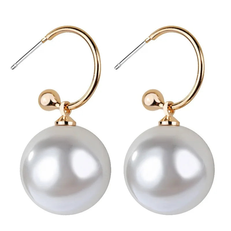 2022 Korean Trendy Elegant Shiny Round White Red Champagne Pearl Hoop Drop Earrings Circle Ball Bead Pendant Dangle Women's Gift