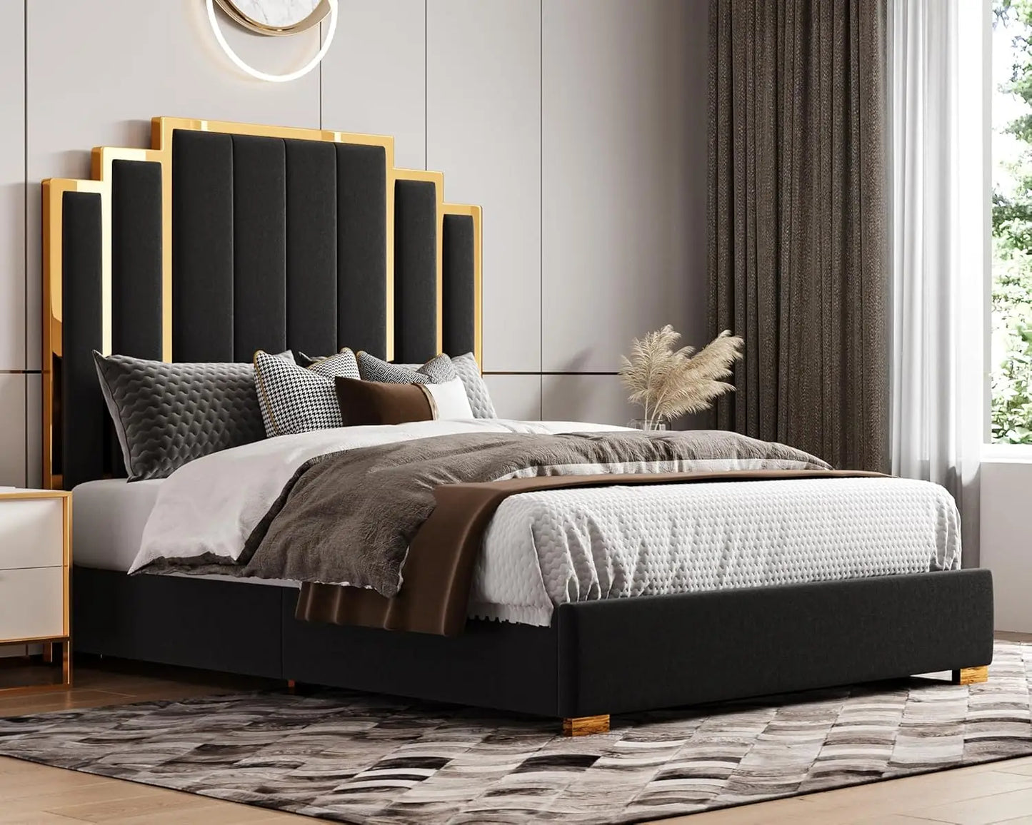 Bed Frame and 61" Headboard, Upholstered Bed with Golden Plating Trim, Modern Platform Bed No Box Spring Needed