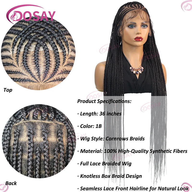 36" Cornrow Braids Hair Wig Synthetic Braided Wigs For Women Full Lace Cornrow Braid Wig Braid African Knotless Box Braided Wigs