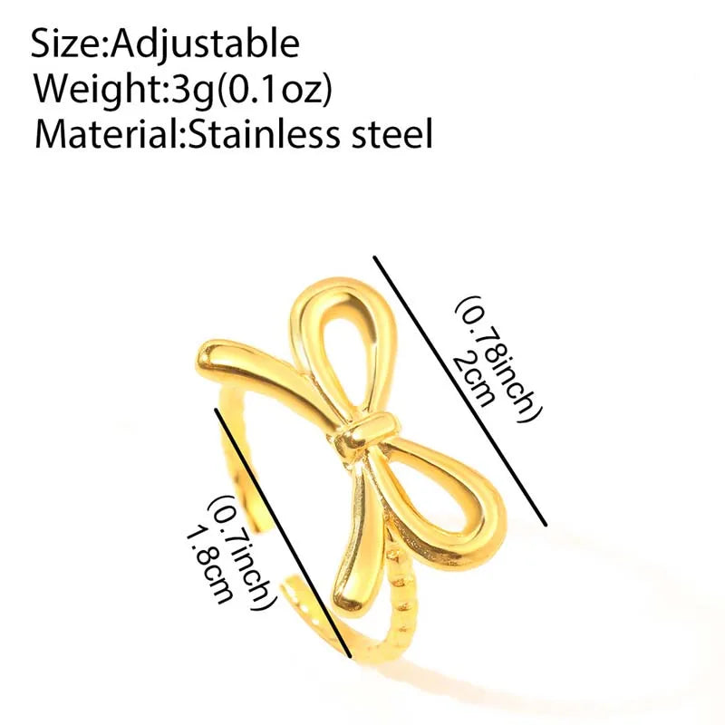 Stainless Steel Gold Color Bow Tie Rings For Women Fashion Metal Opening Adjustable Finger Ring Jewelry Bijoux Gift