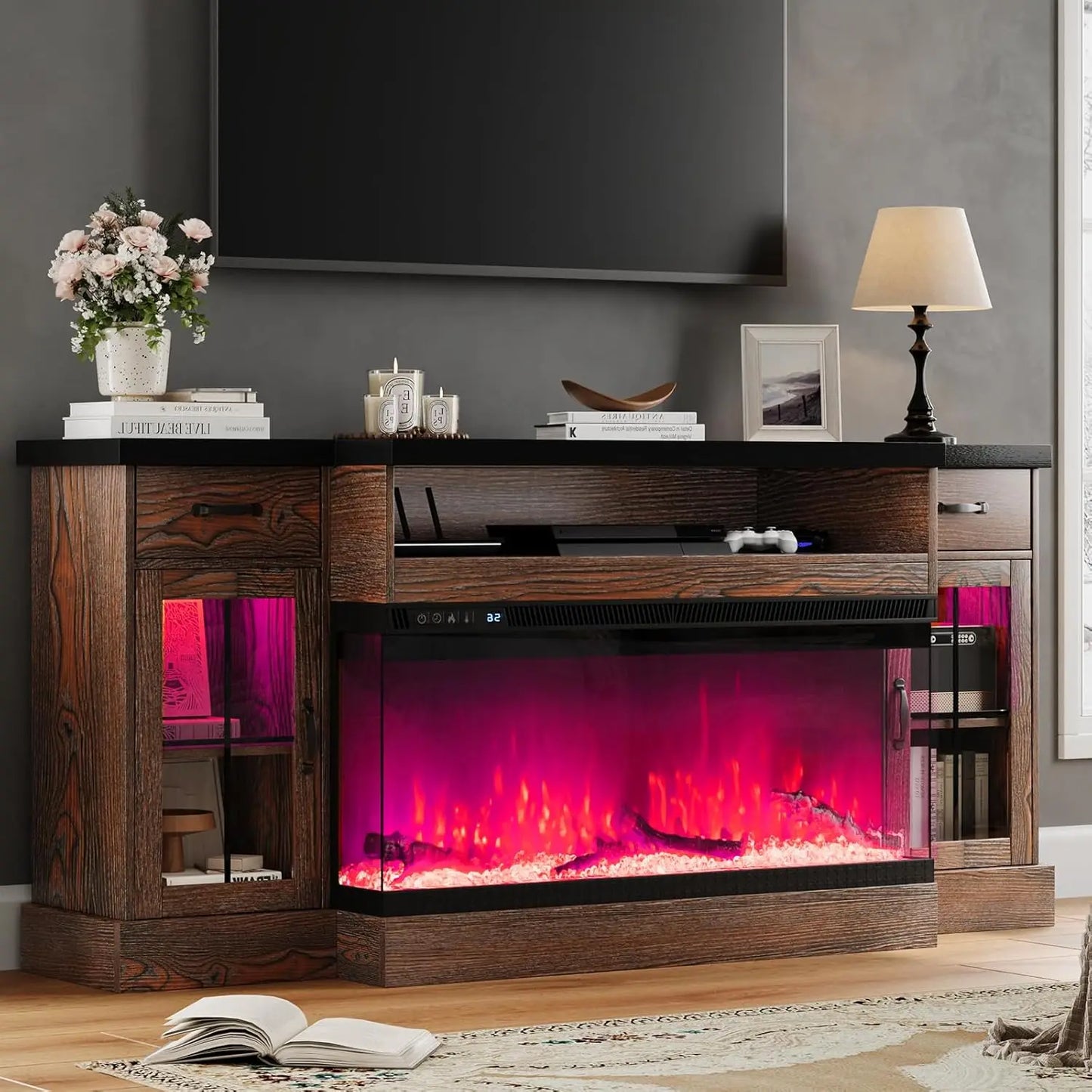 Fireplace TV Stand with LED Lights, Electric Fireplace, Entertainment Center, 70 Inch