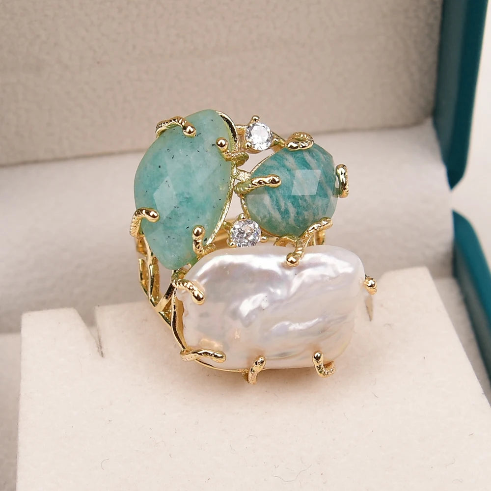 GG Natural White Keshi Pearl Green Amazonite Stone Gold Color Plated Rings Adjustable Ring For Lady