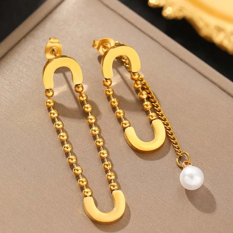 Stainless Steel Gold Color Pin Pendant Earrings For Women Fashion Design Long Tassel Chain Pearl Hanging Earrings Jewelry Gift