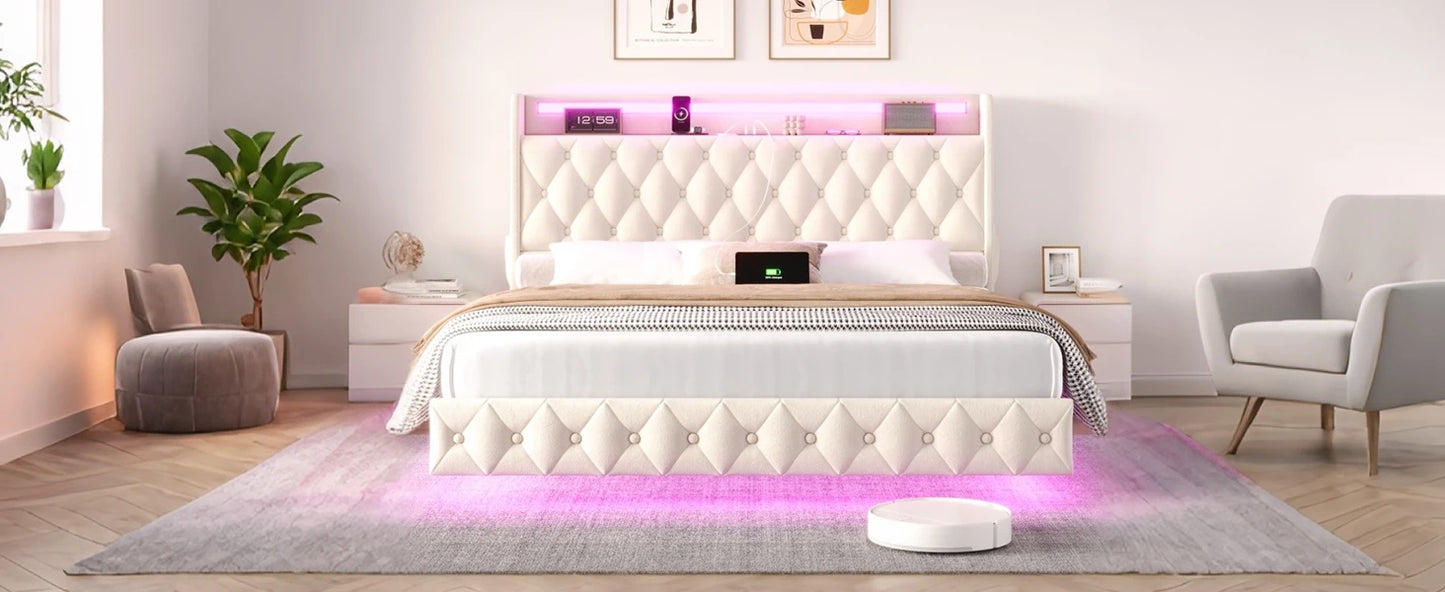 Floating Bed Frame Queen Size Platform with LED Lights, USB Charging Station Headboard Modern Upholstered Velvet Fabric Bed