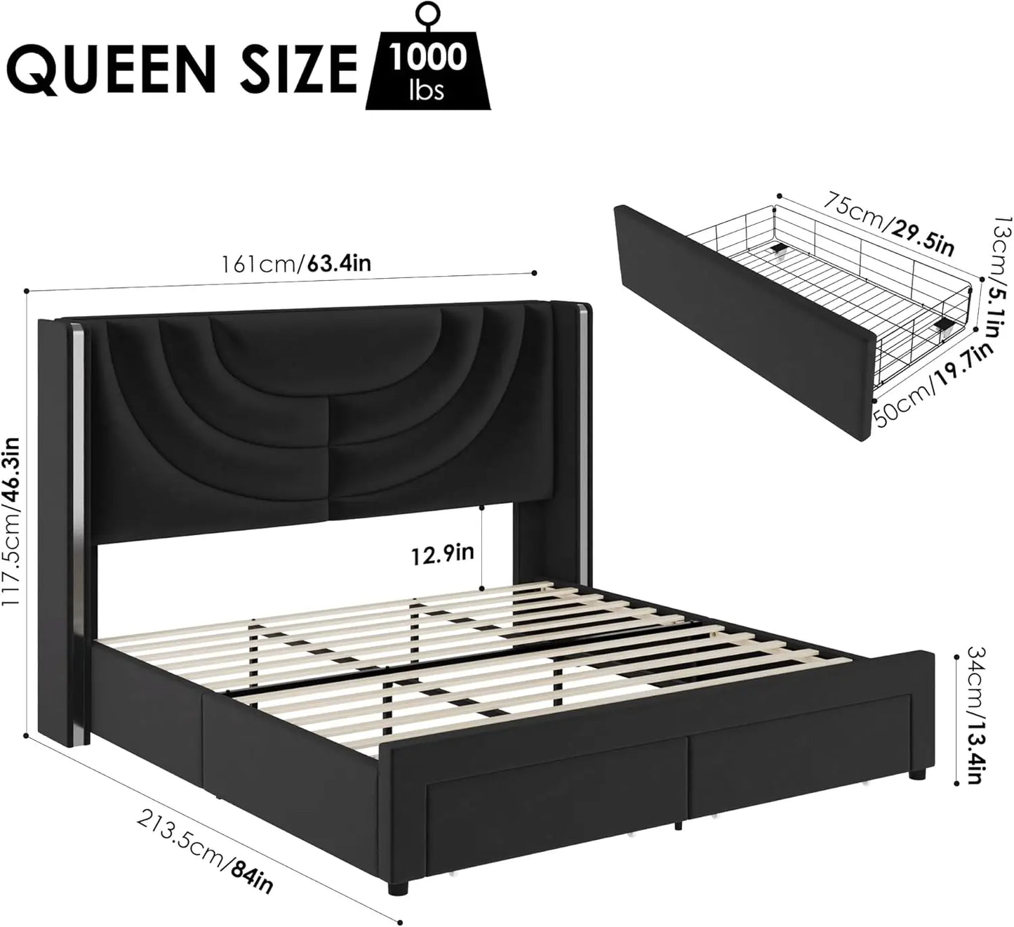 Full Upholstered LED Bed Frame with 2 Storage Drawers, Velvet Platform Bed with Wingback Headboard, Solid Wooden Slats Support