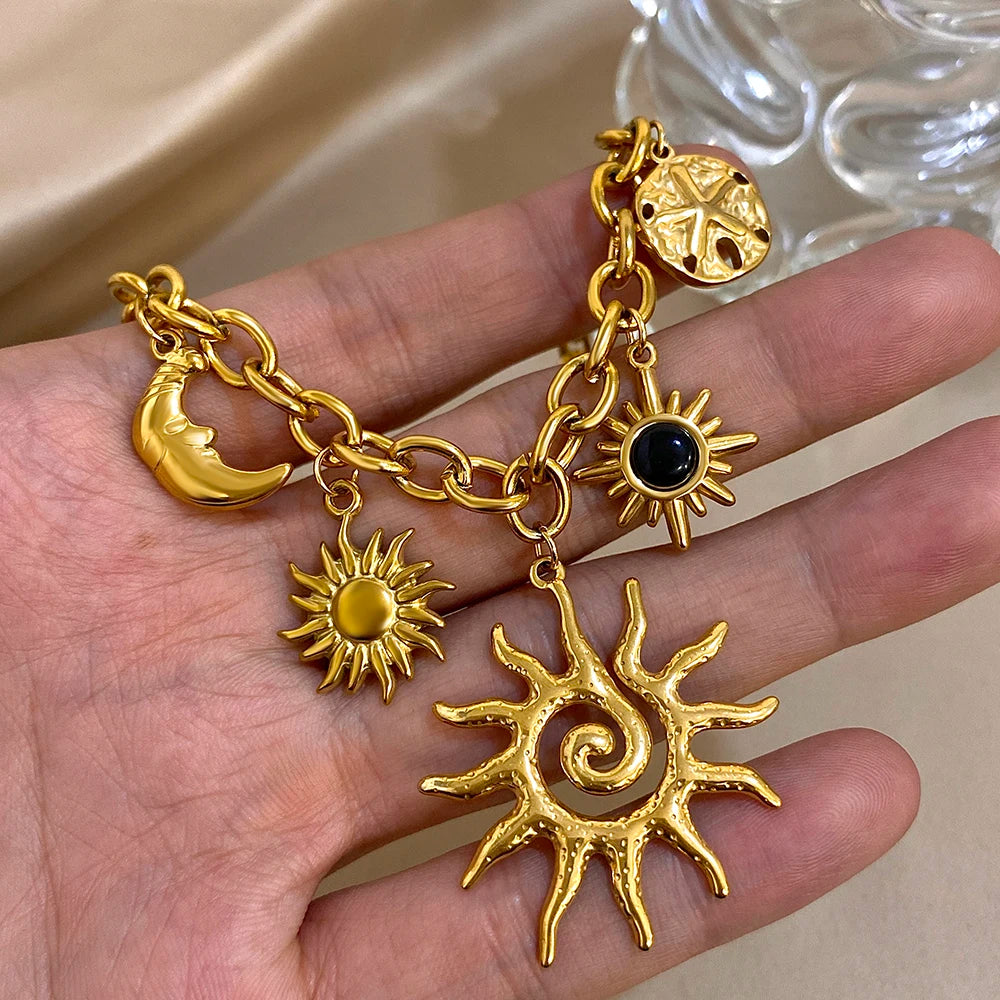 Vintage Chunky Chic Starfish Moon Sun Shaped Pendant Stainless Steel Charm Necklace Statement Golden Thick Chain Fashion Jewlery