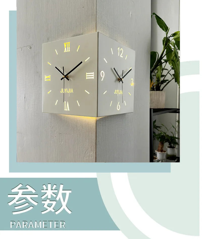 Living Room Glow Corner Clock Metal Double-sided Wall Hanging Clock Wall Decoration Bedroom Background Wall Sticker Silent Clock