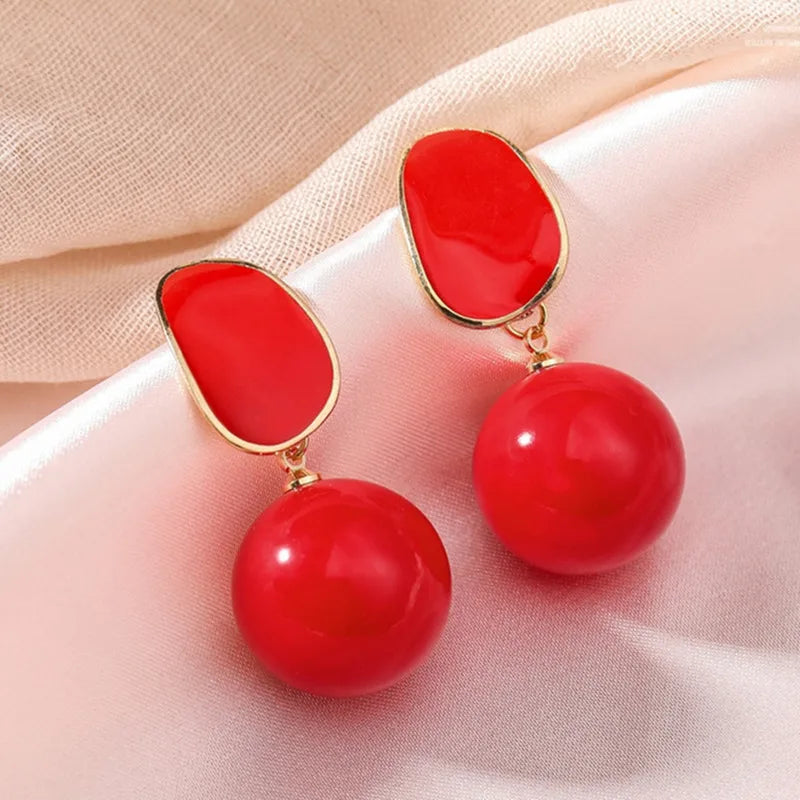 2022 Korean Trendy Elegant Shiny Round White Red Champagne Pearl Hoop Drop Earrings Circle Ball Bead Pendant Dangle Women's Gift