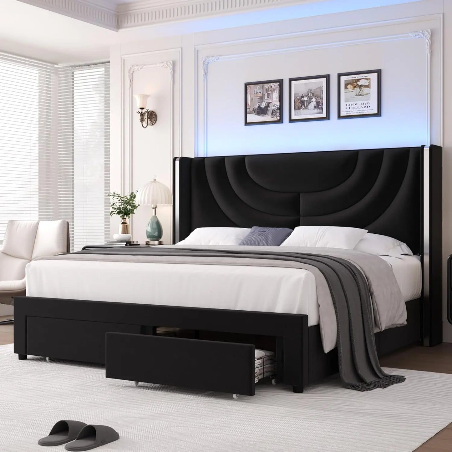 Full Upholstered LED Bed Frame with 2 Storage Drawers, Velvet Platform Bed with Wingback Headboard, Solid Wooden Slats Support