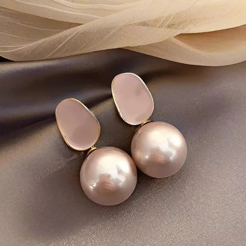 2022 Korean Trendy Elegant Shiny Round White Red Champagne Pearl Hoop Drop Earrings Circle Ball Bead Pendant Dangle Women's Gift