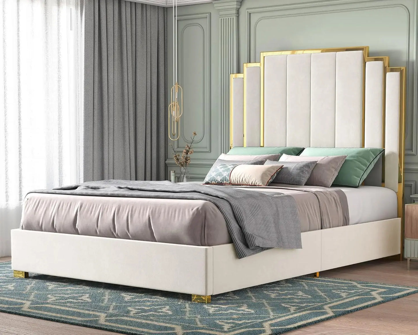 Bed Frame and 61" Headboard, Upholstered Bed with Golden Plating Trim, Modern Platform Bed No Box Spring Needed