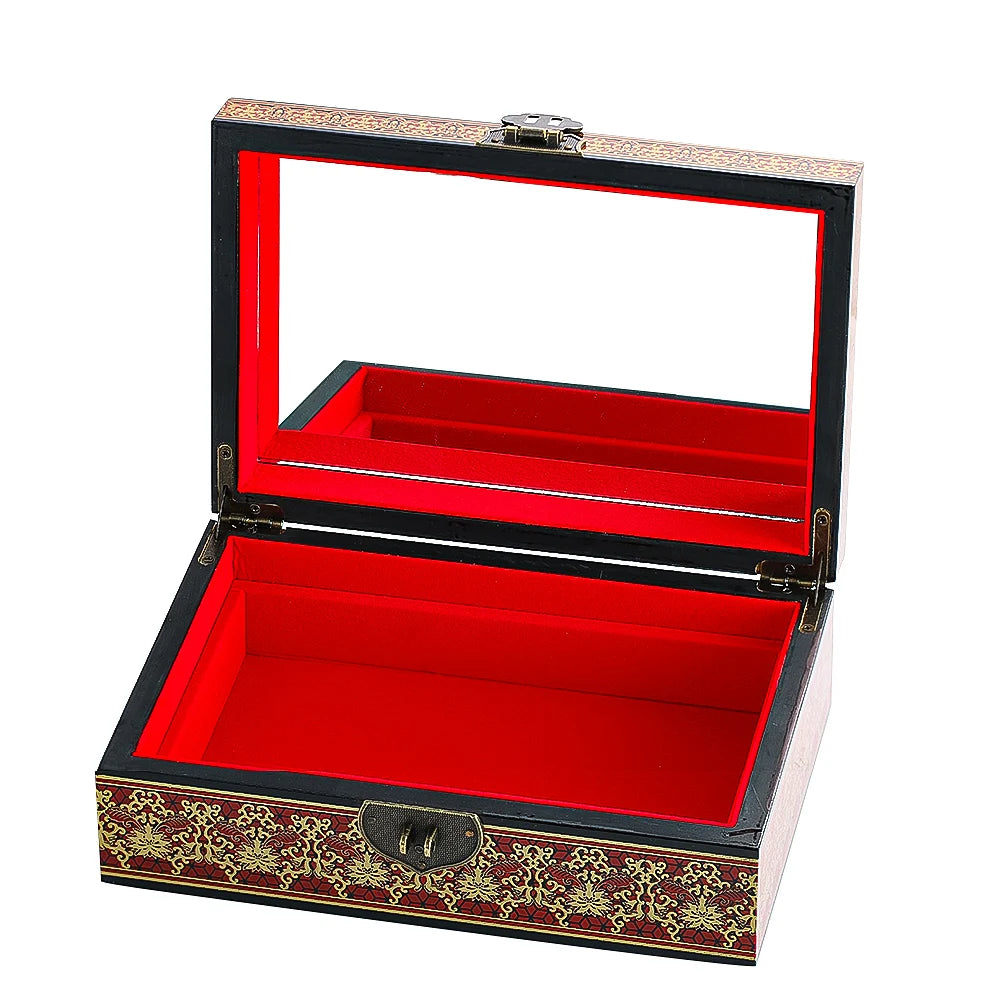 Muy Bien Chinese Style Wooden Jewelry Box Organizer Antiquity Push-gloss Lacquerware Makeup Jewelry Storage Case Wedding Gift