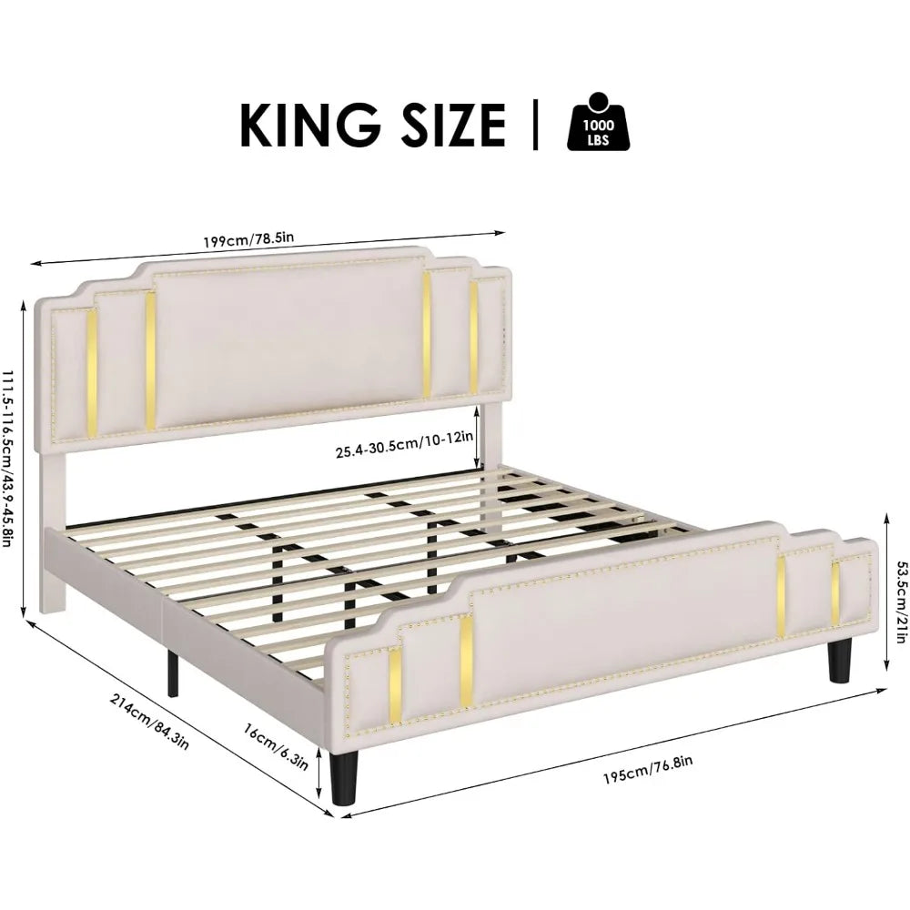 King Size Upholstered Bed Frame with Adjustable Golden Trim Headboard, Modern Velvet King Platform Bed with Solid Wood Sla