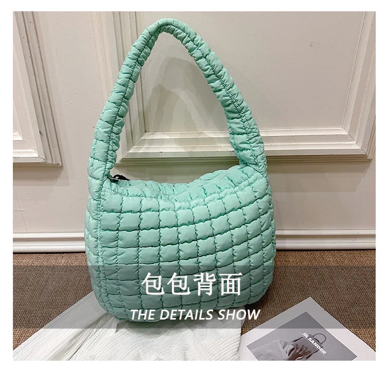 Casual Ruched Hobos Women Shoulder Bags Quilted Padded Crossbody Bag Large Capacity Nylon Puffer Tote Bag Big Shopper Purses