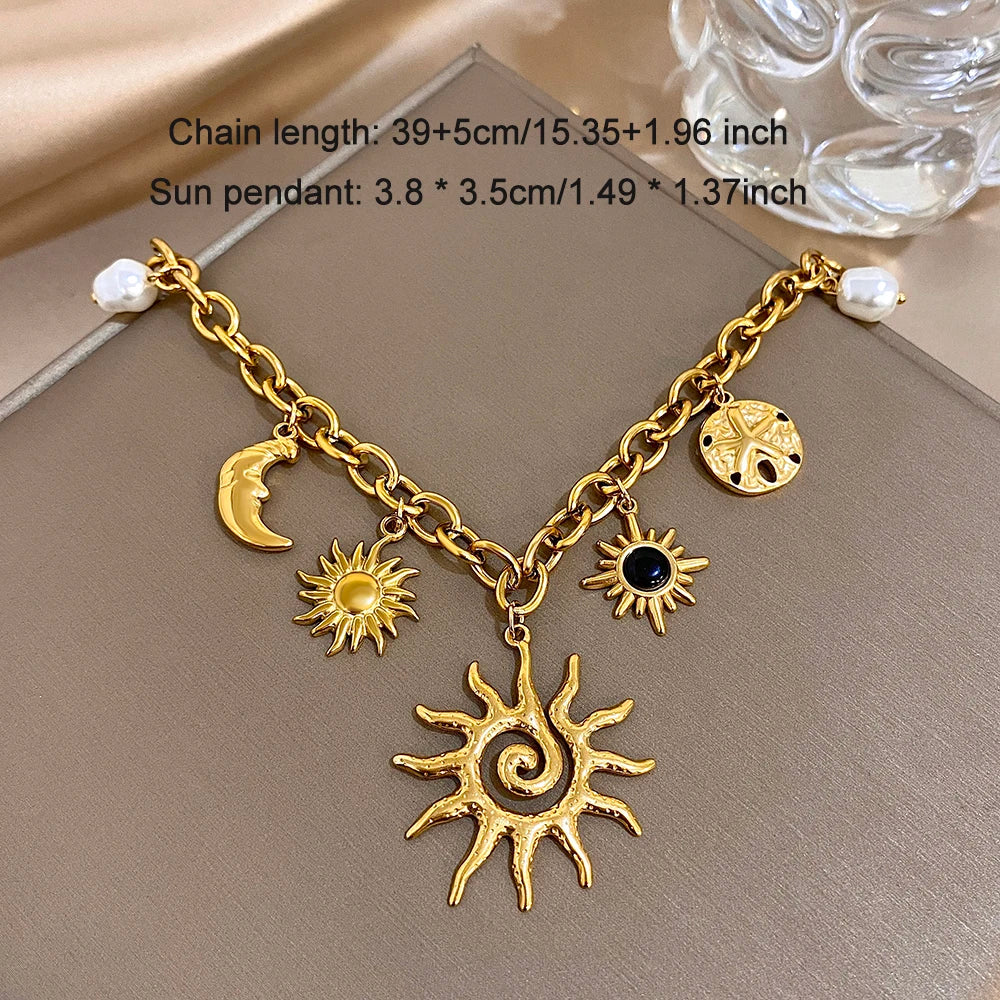 Vintage Chunky Chic Starfish Moon Sun Shaped Pendant Stainless Steel Charm Necklace Statement Golden Thick Chain Fashion Jewlery