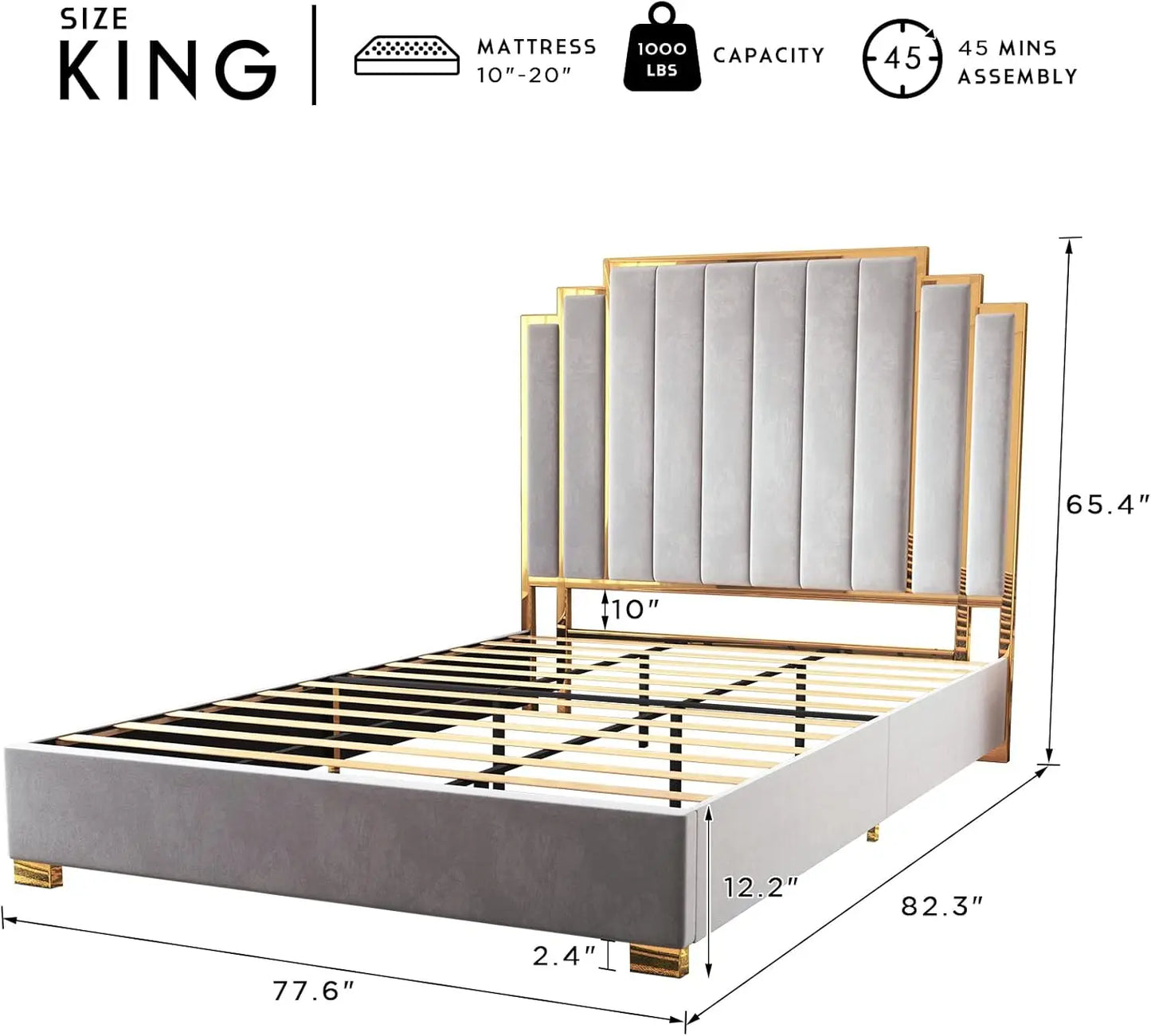 Bed Frame and 61" Headboard, Upholstered Bed with Golden Plating Trim, Modern Platform Bed No Box Spring Needed