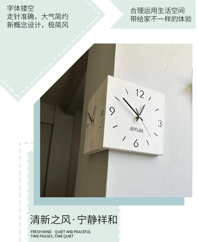 Living Room Glow Corner Clock Metal Double-sided Wall Hanging Clock Wall Decoration Bedroom Background Wall Sticker Silent Clock