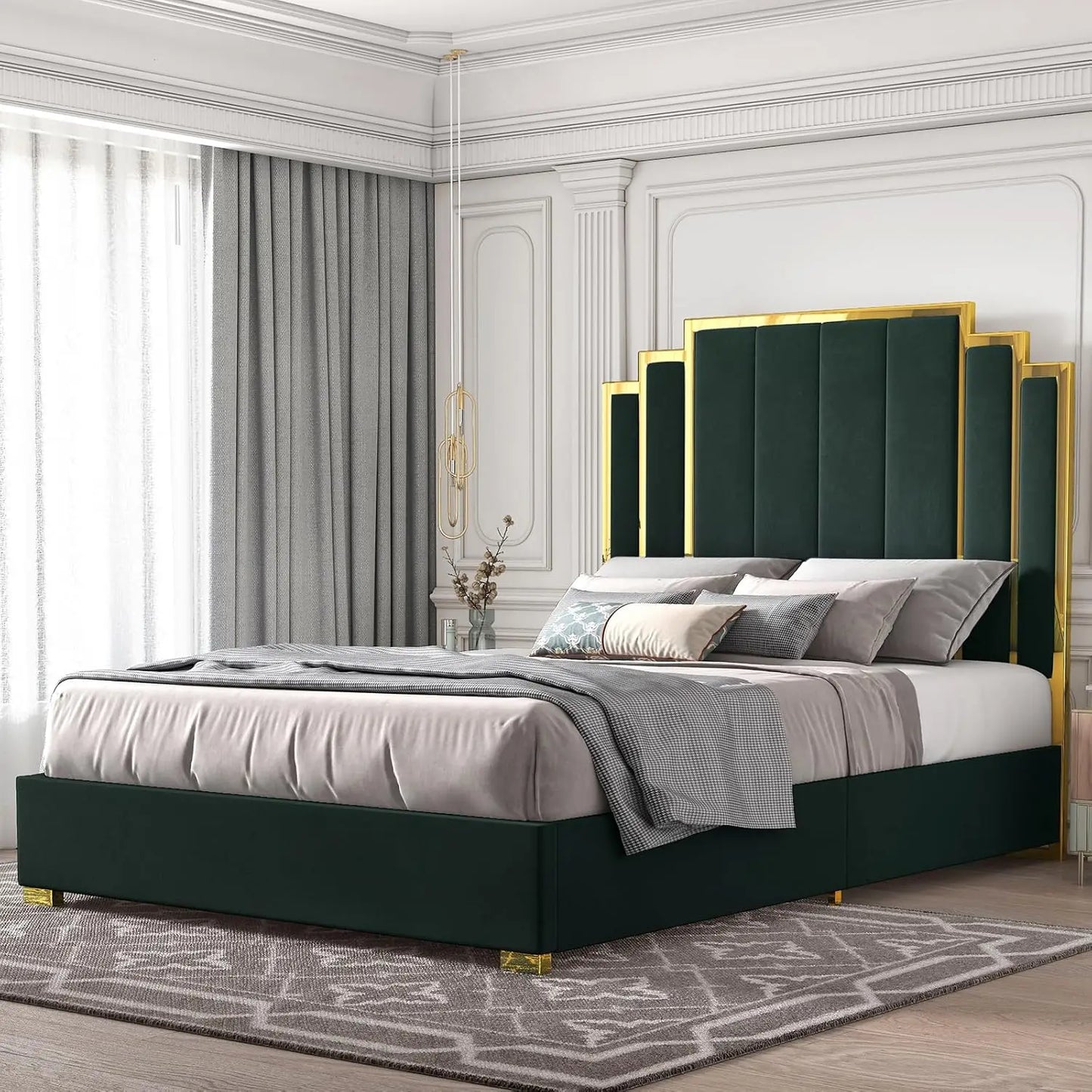 Bed Frame and 61" Headboard, Upholstered Bed with Golden Plating Trim, Modern Platform Bed No Box Spring Needed