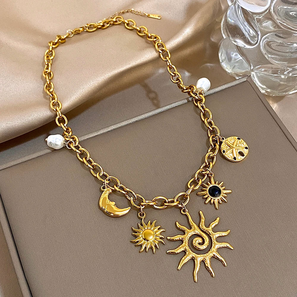 Vintage Chunky Chic Starfish Moon Sun Shaped Pendant Stainless Steel Charm Necklace Statement Golden Thick Chain Fashion Jewlery