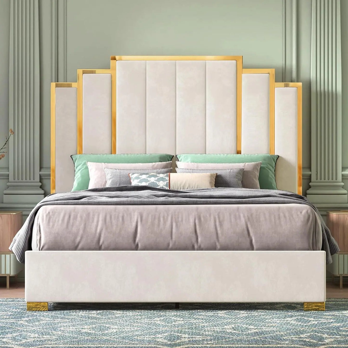 Bed Frame and 61" Headboard, Upholstered Bed with Golden Plating Trim, Modern Platform Bed No Box Spring Needed