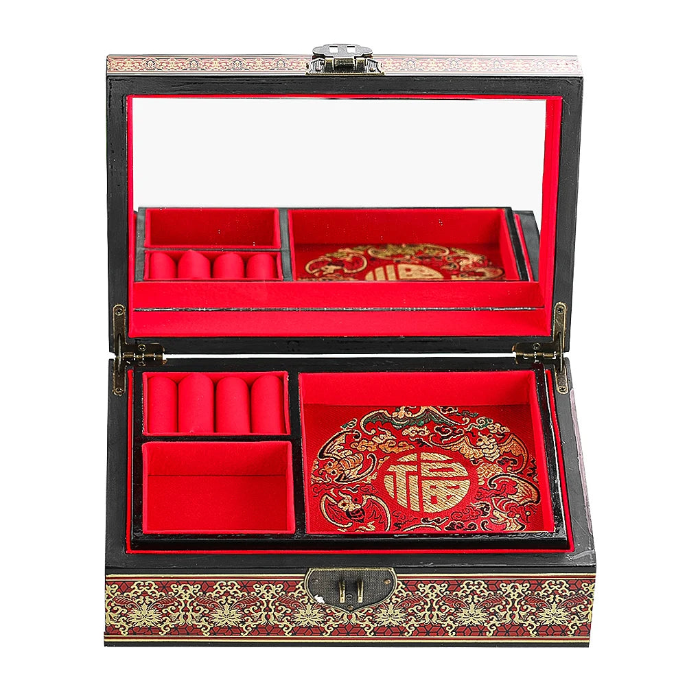 Muy Bien Chinese Style Wooden Jewelry Box Organizer Antiquity Push-gloss Lacquerware Makeup Jewelry Storage Case Wedding Gift