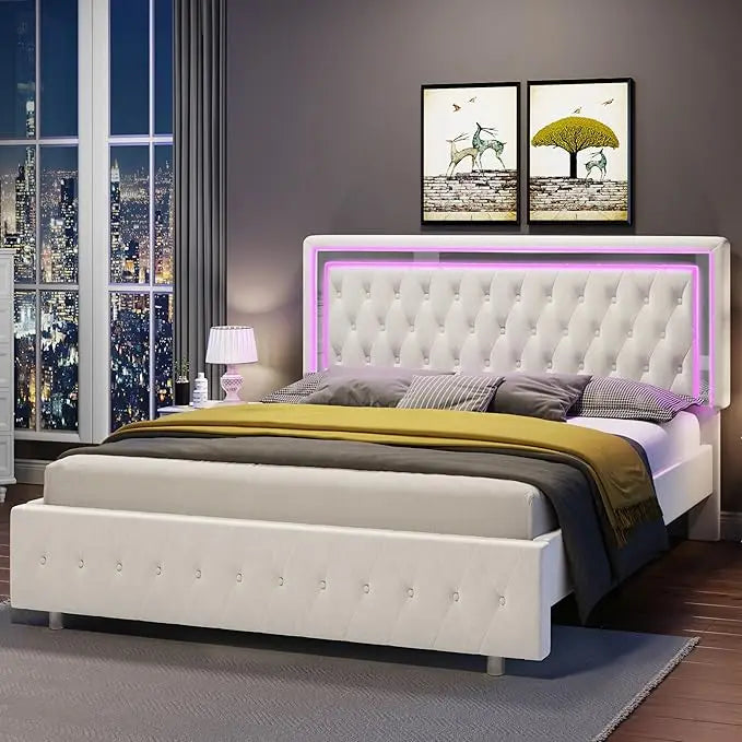 Full Bed Frame with LED Lights Headboard&Footboard, Velvet Upholstered Full Size Platform Bed Frame No Box Spring Needed/Cream