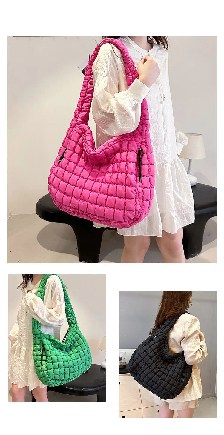 Casual Ruched Hobos Women Shoulder Bags Quilted Padded Crossbody Bag Large Capacity Nylon Puffer Tote Bag Big Shopper Purses