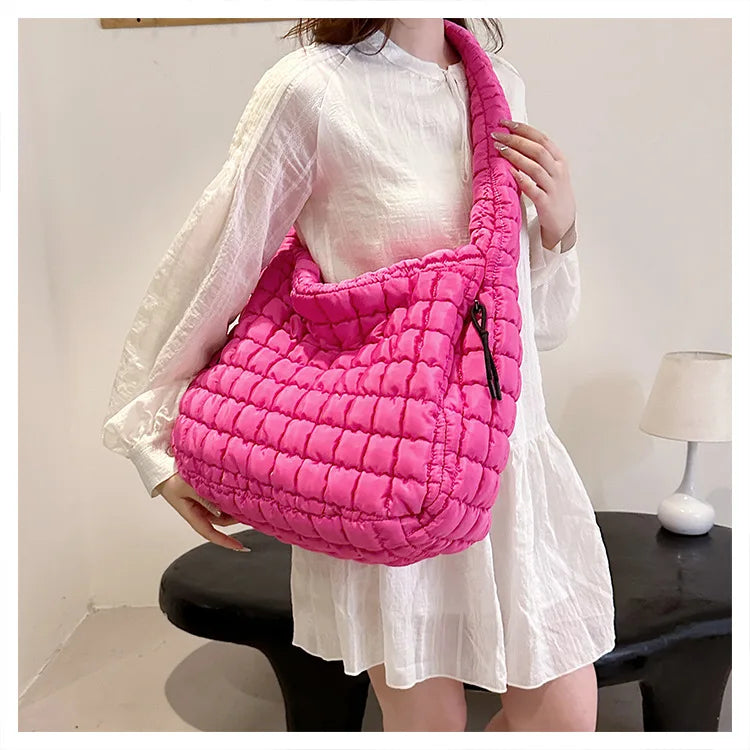 Casual Ruched Hobos Women Shoulder Bags Quilted Padded Crossbody Bag Large Capacity Nylon Puffer Tote Bag Big Shopper Purses