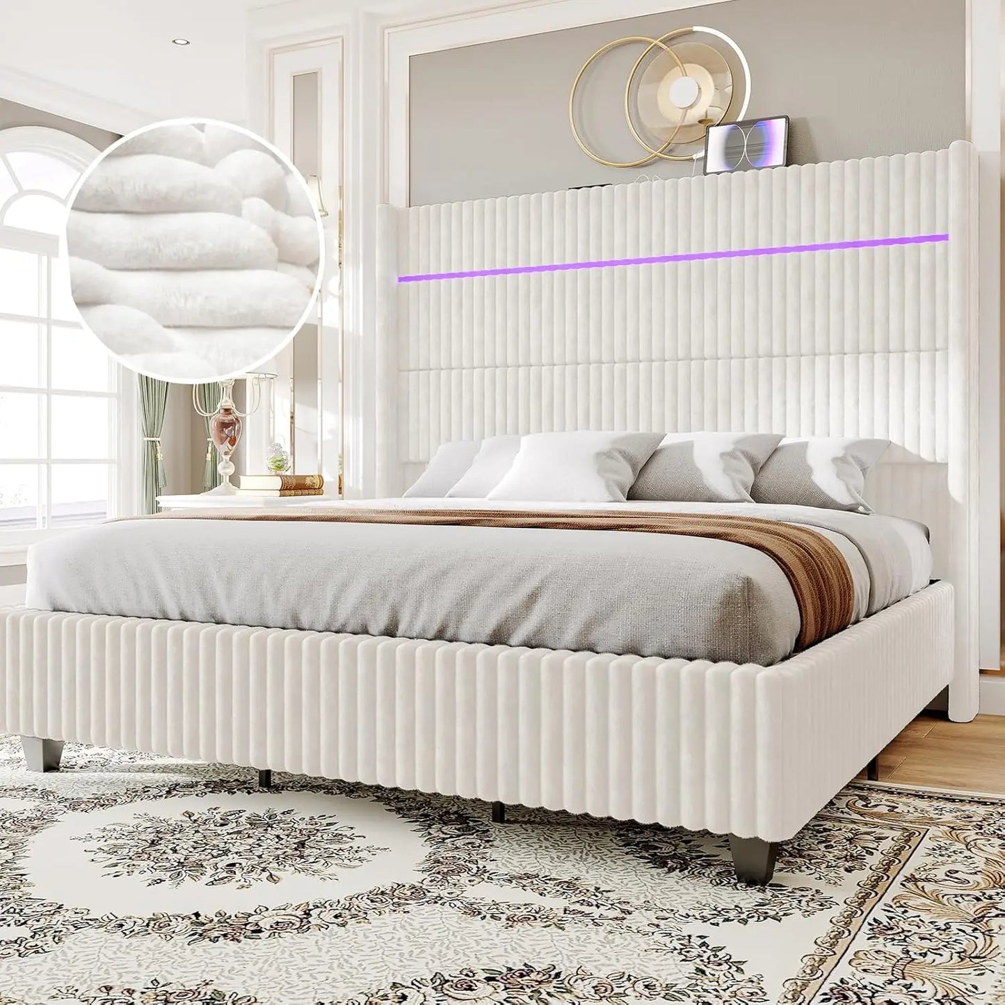 Queen Bed Frame with LED Lights, Corduroy Upholstered Platform Bed Frame with 60" Tall Wingback Headboard and Charging Station