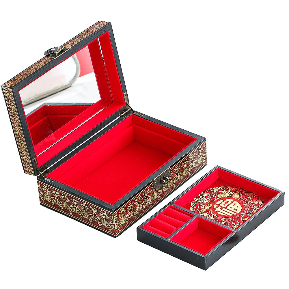 Muy Bien Chinese Style Wooden Jewelry Box Organizer Antiquity Push-gloss Lacquerware Makeup Jewelry Storage Case Wedding Gift