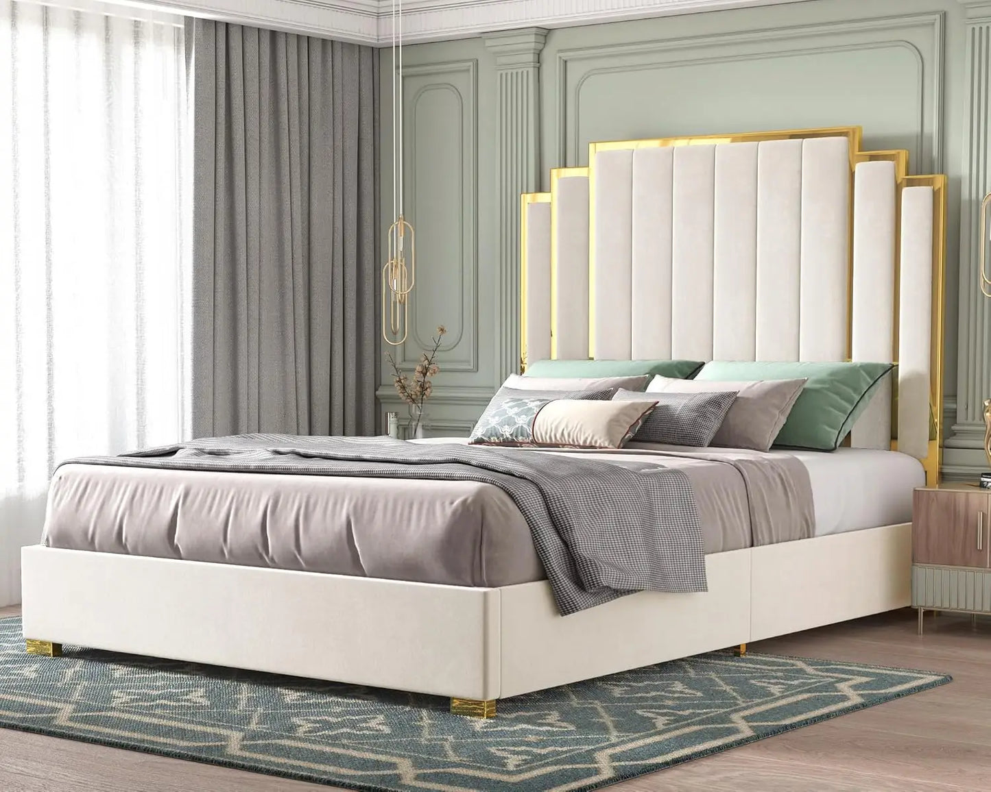 Bed Frame and 61" Headboard, Upholstered Bed with Golden Plating Trim, Modern Platform Bed No Box Spring Needed