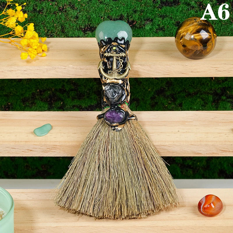 Natural Crystal Heart Shaped Magic Broom Witch Broom Reiki Gemstone For Cleaning Healing Fengshui Home Decorations