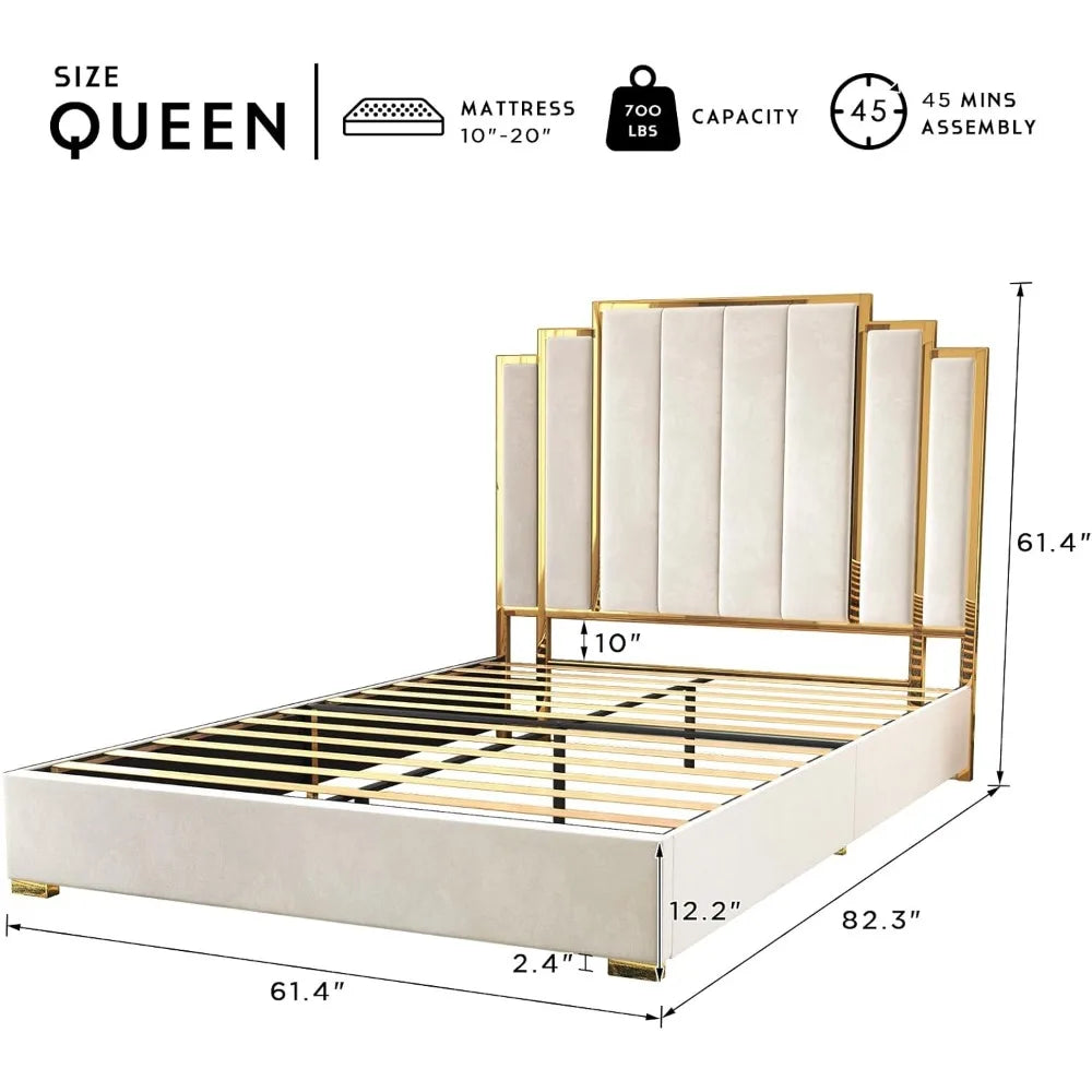 Bed Frame and 61" Headboard, Upholstered Bed with Golden Plating Trim, Modern Platform Bed No Box Spring Needed