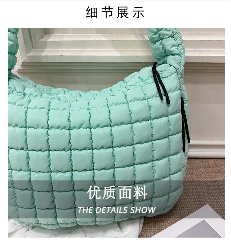 Casual Ruched Hobos Women Shoulder Bags Quilted Padded Crossbody Bag Large Capacity Nylon Puffer Tote Bag Big Shopper Purses