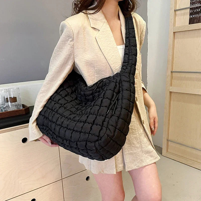 Casual Ruched Hobos Women Shoulder Bags Quilted Padded Crossbody Bag Large Capacity Nylon Puffer Tote Bag Big Shopper Purses