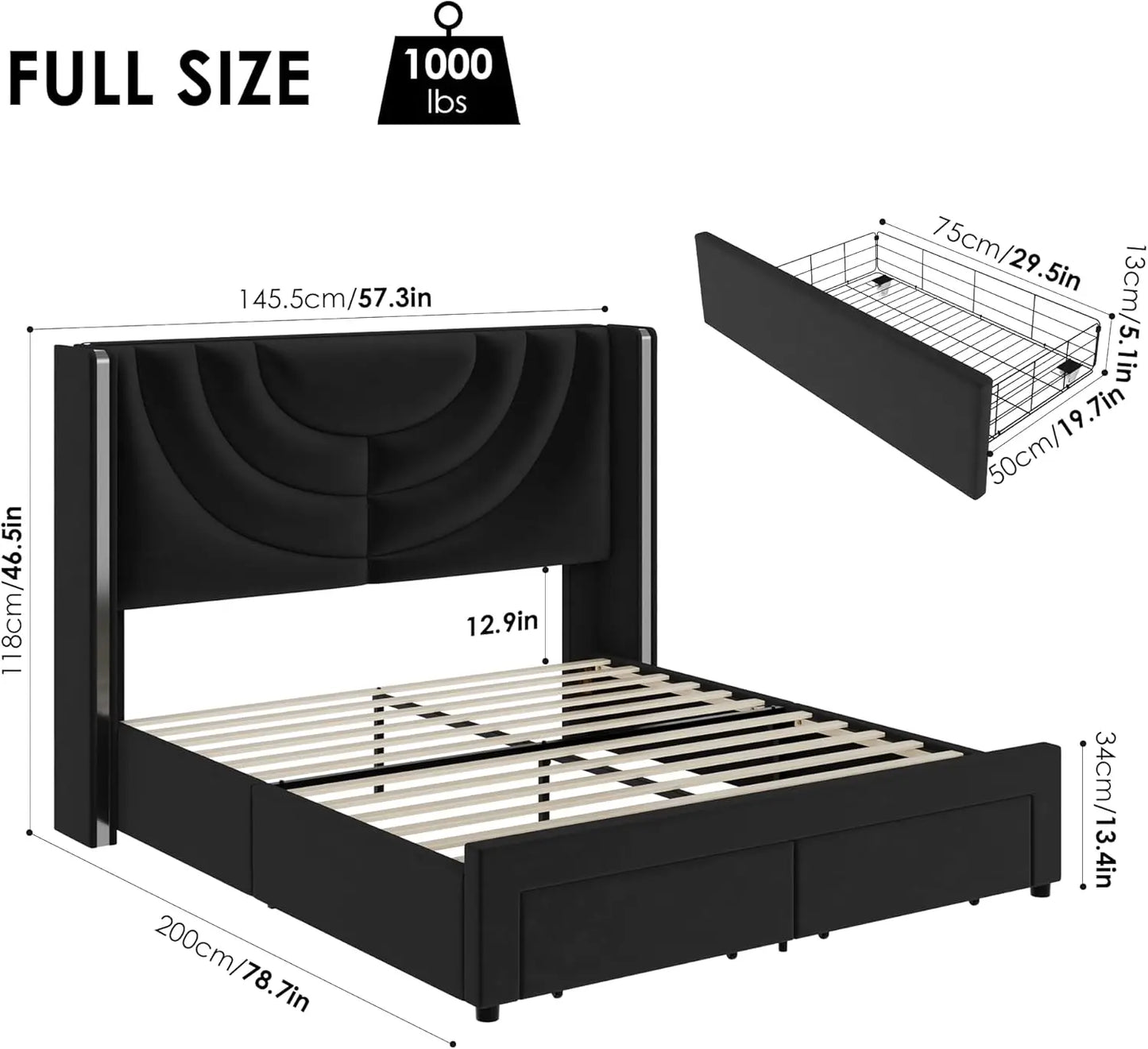 Full Upholstered LED Bed Frame with 2 Storage Drawers, Velvet Platform Bed with Wingback Headboard, Solid Wooden Slats Support