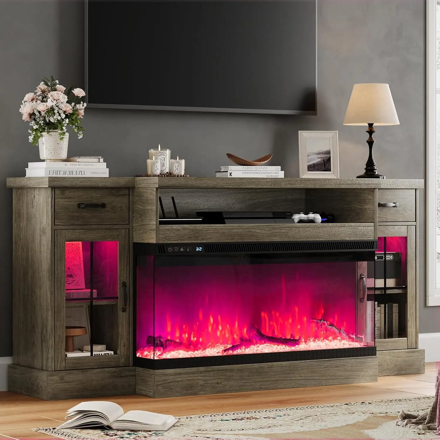 Fireplace TV Stand with LED Lights, Electric Fireplace, Entertainment Center, 70 Inch