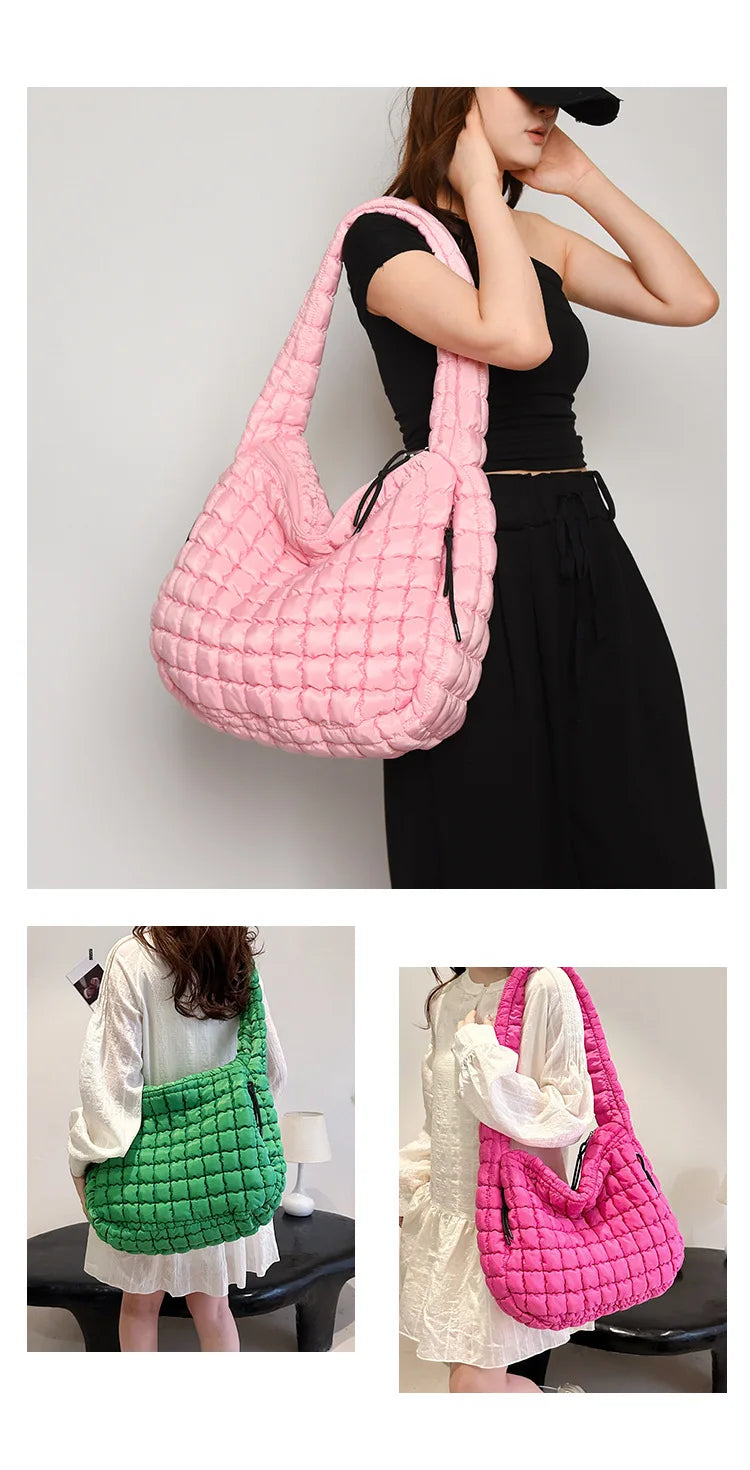 Casual Ruched Hobos Women Shoulder Bags Quilted Padded Crossbody Bag Large Capacity Nylon Puffer Tote Bag Big Shopper Purses