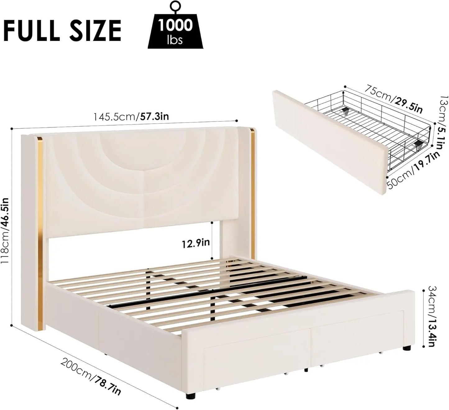 Full Upholstered LED Bed Frame with 2 Storage Drawers, Velvet Platform Bed with Wingback Headboard, Solid Wooden Slats Support