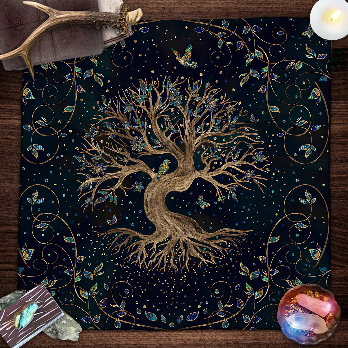 Tree Of Life Tarot Card Tablecloth Moon Phase Plants Table Cloth For Tarot Witch Wicca Altar Cloth Divination Cloth Card Pad