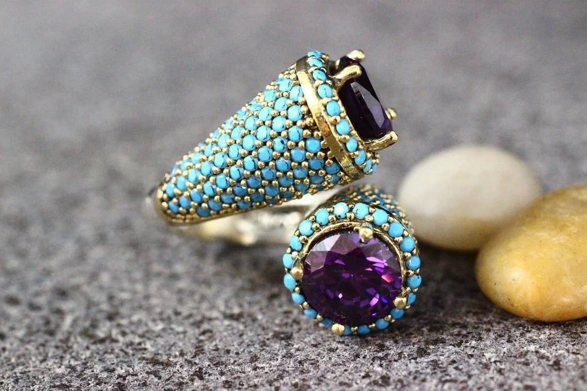 Luxury natural gem Amethyst and Turquoise Ring women's party anniversary boutique jewelry