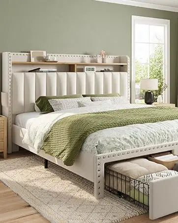 EnHomee Size and Headboard,Upholstered Storage,King Bed Frame with 2 Drawers,Kin