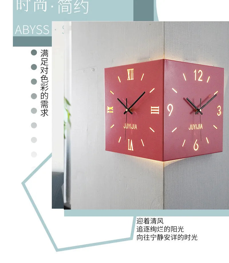 Living Room Glow Corner Clock Metal Double-sided Wall Hanging Clock Wall Decoration Bedroom Background Wall Sticker Silent Clock