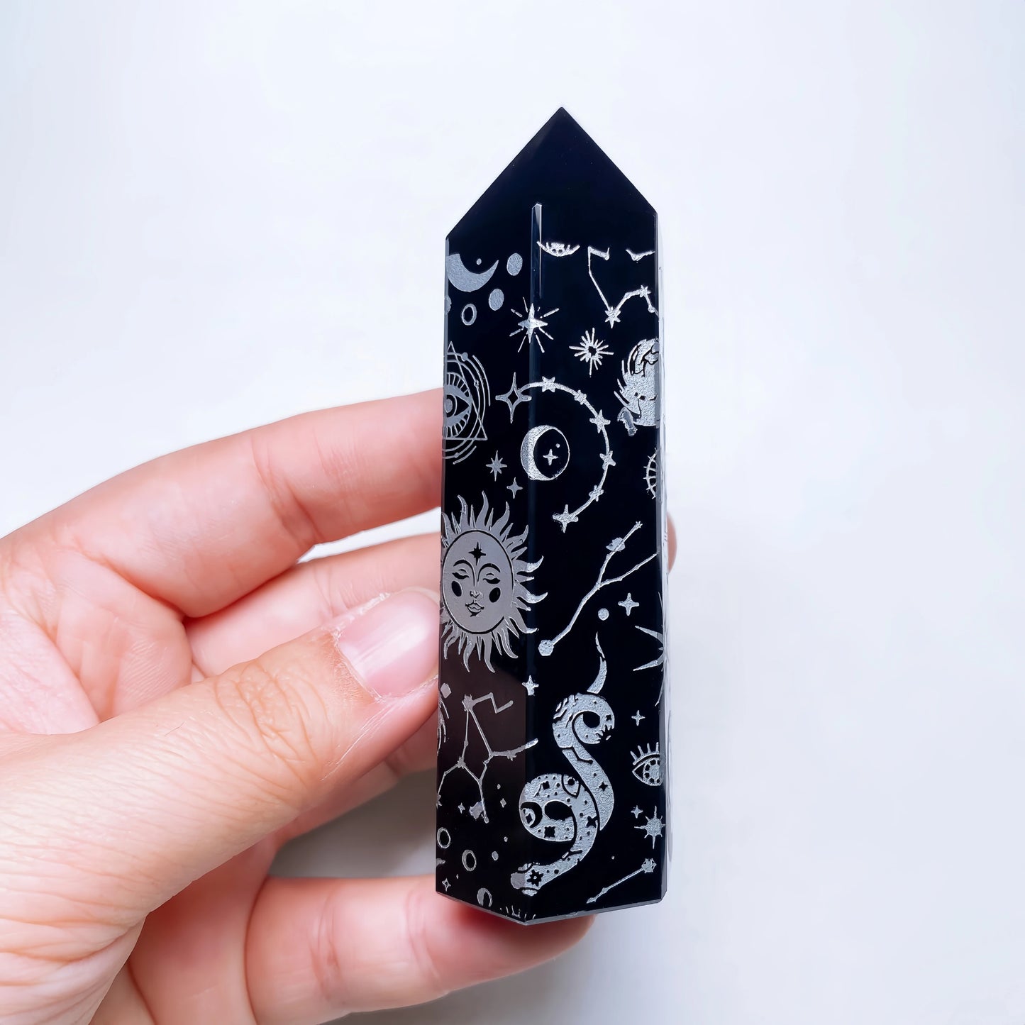 8-10cm Natural Black Obsidian Column Tower Crystal Stone Chakra Moon Snake Symbols Point Healing Obelisk Sticks Home Decor Gift