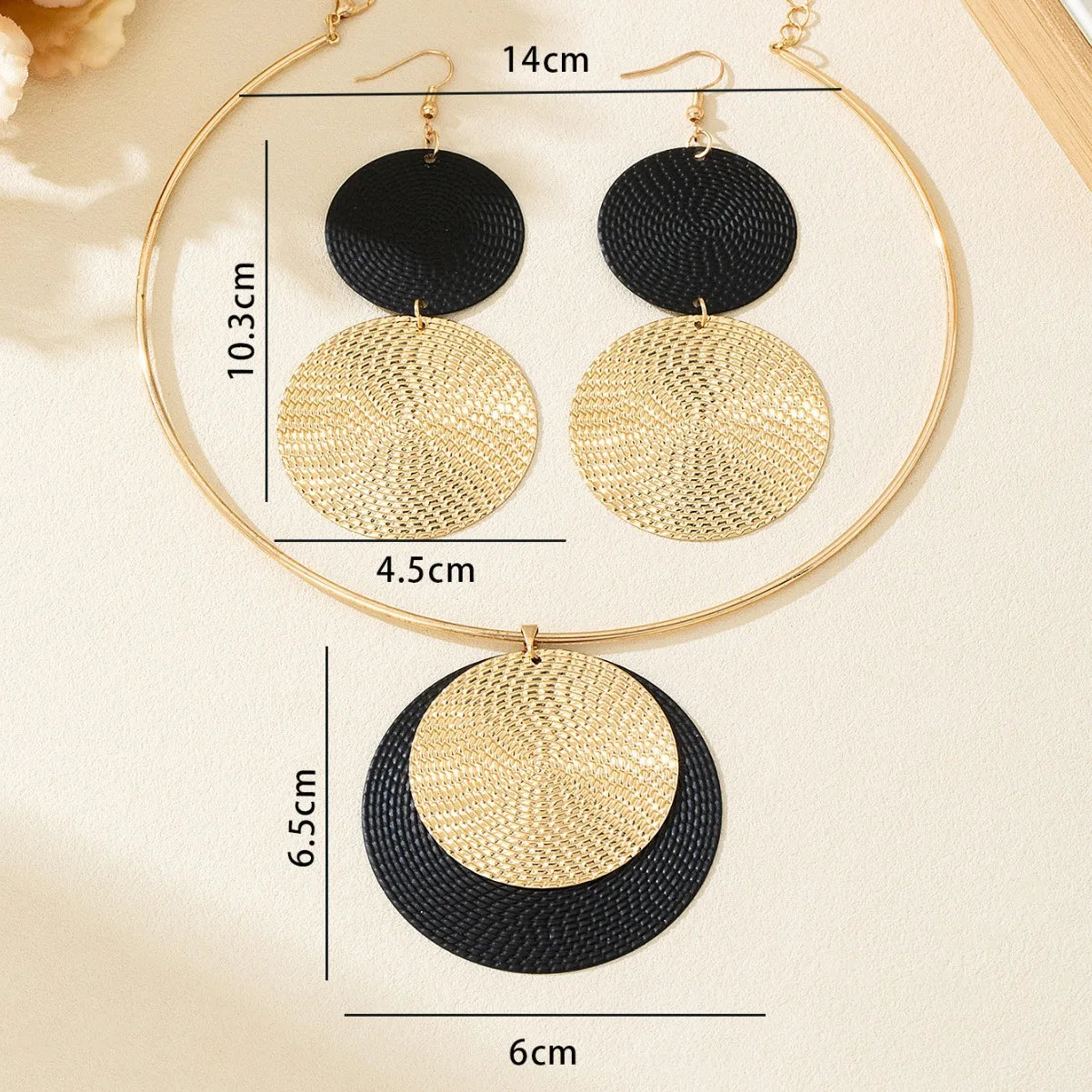 2PCS Large Round Earrings Collar Necklace Set for Women Exaggerated Ripple Points Metal Geometric Pendant Necklace Jewelry