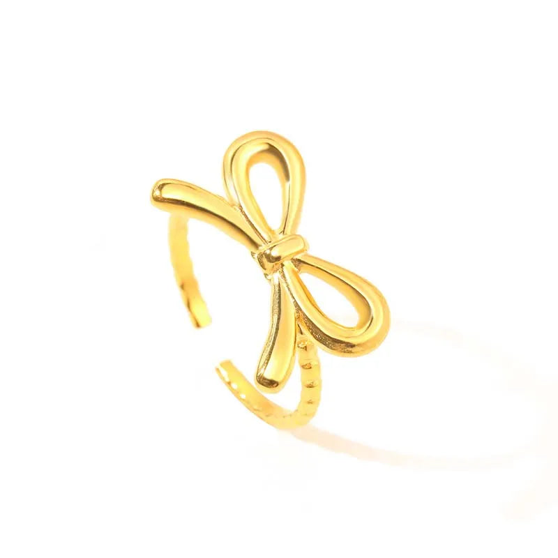 Stainless Steel Gold Color Bow Tie Rings For Women Fashion Metal Opening Adjustable Finger Ring Jewelry Bijoux Gift