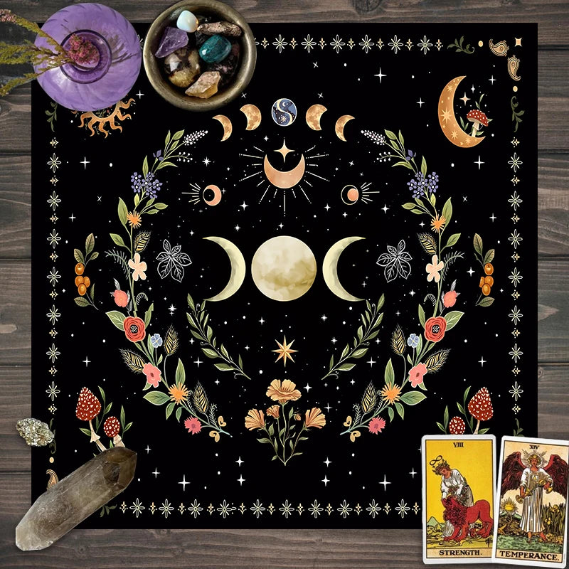 Triple Moon Floral Botanical Tarot Cloth Alter Tarot Table Cloth Wiccan Spread Top Cloth Spiritual Witchery Table for Divination