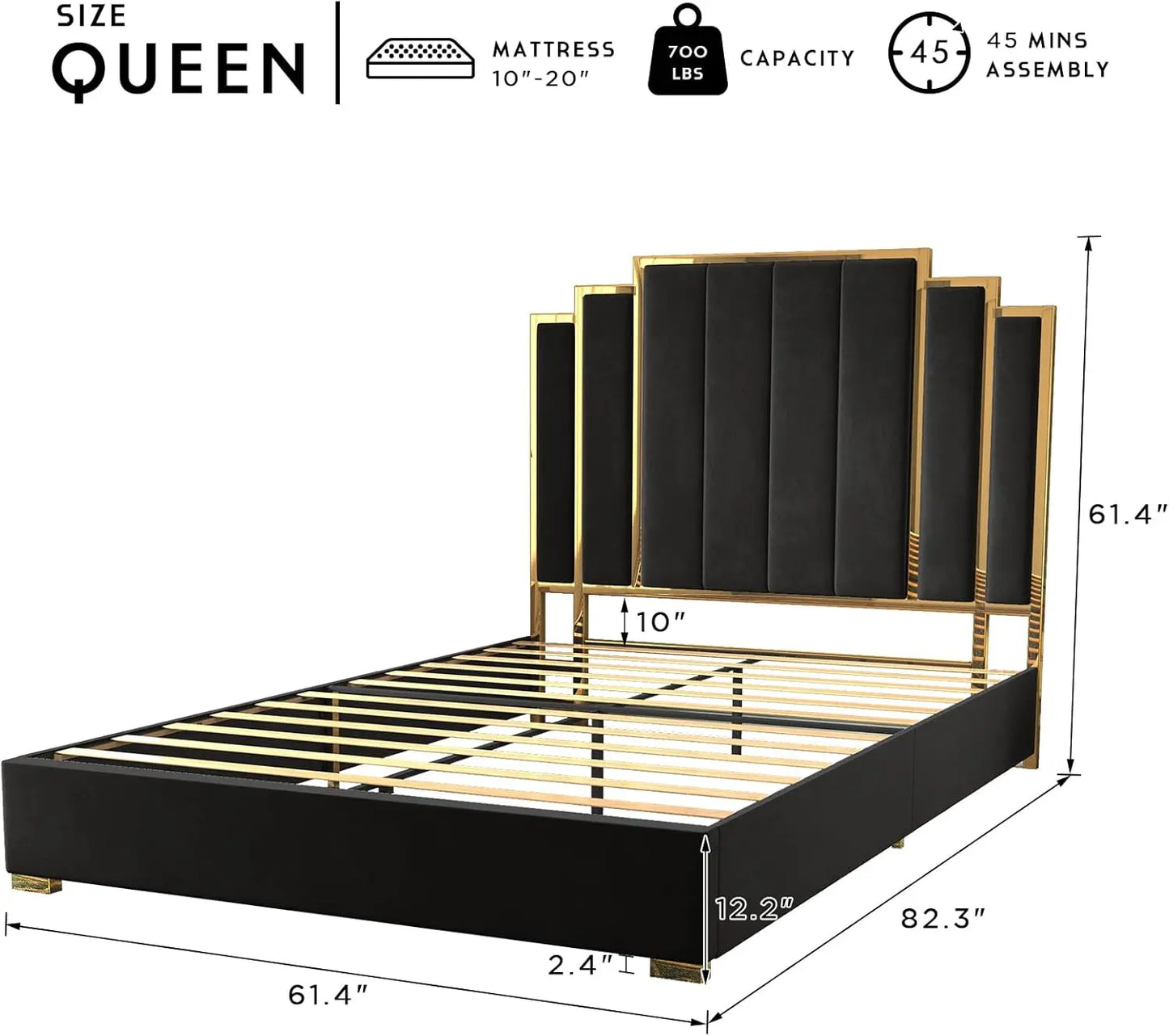 Bed Frame and 61" Headboard, Upholstered Bed with Golden Plating Trim, Modern Platform Bed No Box Spring Needed