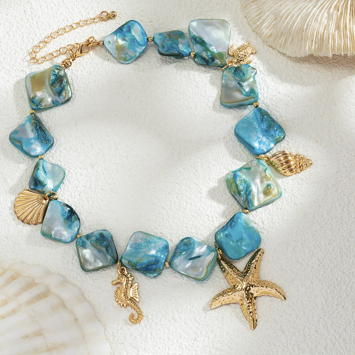 Boho Sea Turtle Sea Conch Sea Star Pendant Necklace 2024 Women's Simple Creative Blue Stone Weaving Girls Beach Jewelry